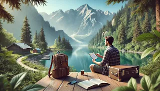 A traveler sits on a wooden deck overlooking a serene mountain lake, surrounded by lush greenery and towering peaks. With a notebook in one hand and a tablet in the other, he enjoys a quiet moment of reflection away from digital distractions. A backpack and vintage suitcase rest nearby, symbolizing adventure and a break from routine. The peaceful setting embodies the joy of unplugging from social media and fully immersing in nature.