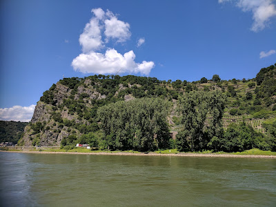 A view of the mountainsides and vineyard slopes clinging to the side of the Rhine Valley, as seen from the deck of my cruise ship.