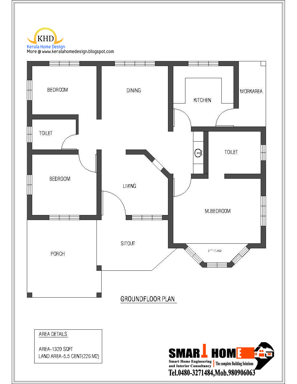 Single Floor House Plan and Elevation - 1320 Sq. Ft.
