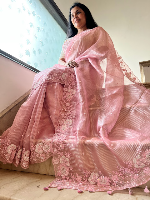 Enchanting Blush Pink Hand-Embroidered Kora Silk Saree