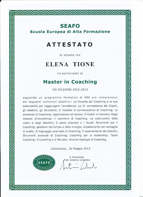 Elena Tione | Attestato Master in Coaching presso SEAFO, anno 2013