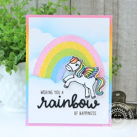 Sunny Studio Stamps: Prancing Pegasus Fluffy Cloud Border Dies Stitched Oval Dies Over The Rainbow Everyday Card by Juliana Michaels