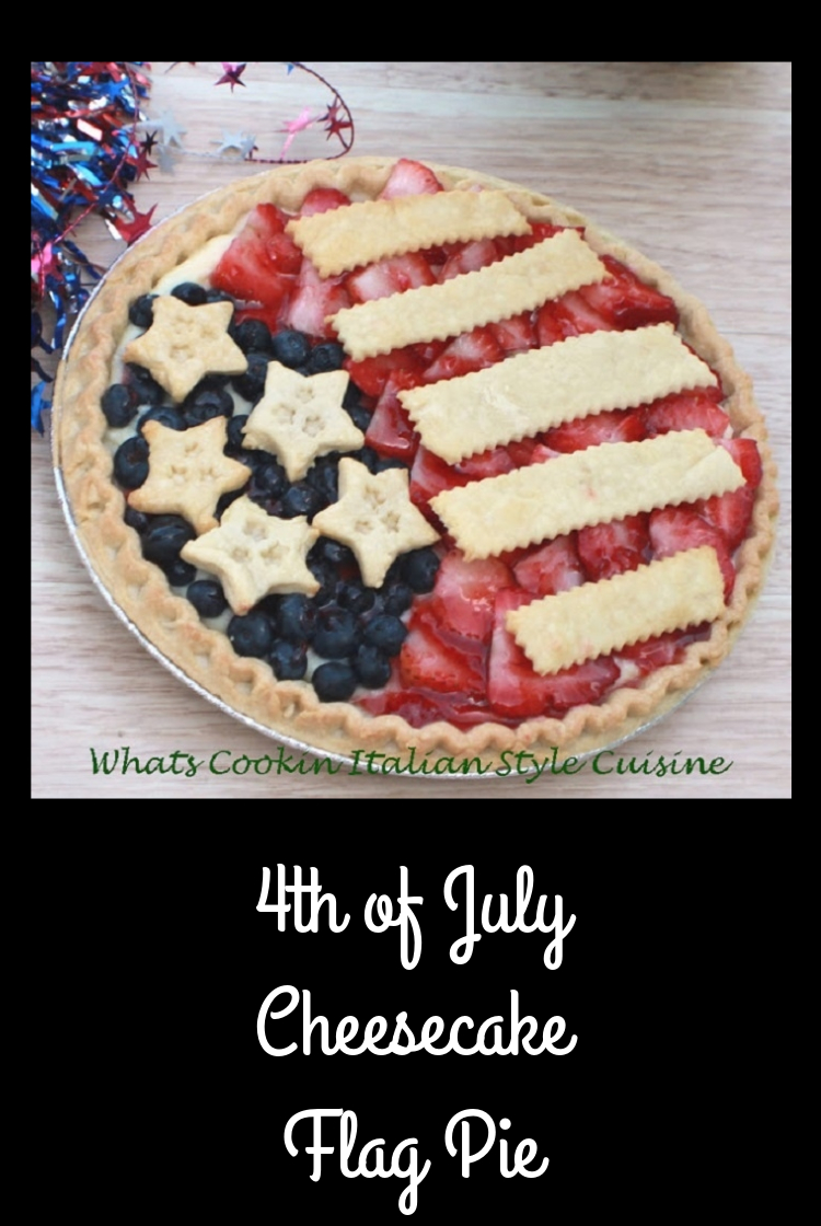 this is a round cheese cake style no bake pie with flag decorations on top made from Pie crust, blueberries and strawberries with a red white and blue theme for any Patriotic holiday recipes