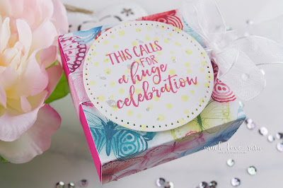 This cute little gift box contains a crafty surprise inside.  The fun print, and brightly colored interior box, along with the confetti background of the sentiment panel make this a fun little gift for any celebration.  Featuring the Fun Stampers Journey Celebrate Everything stamp set, and the Sunday Adventure Prints.  