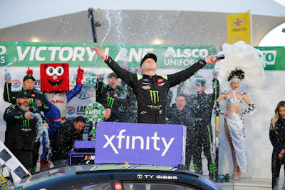 Ty Gibbs celebrates in victory lane after earning his first #NASCAR Xfinity Series #win.