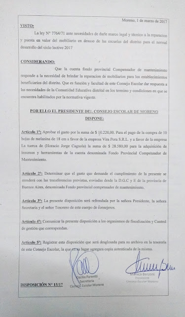 Disposición N° 15/17: Aprobacion del gasto a la firma Vira Pora S.R.L. y la empresa La Tuerca (de Horacio Jorge Cagnola).