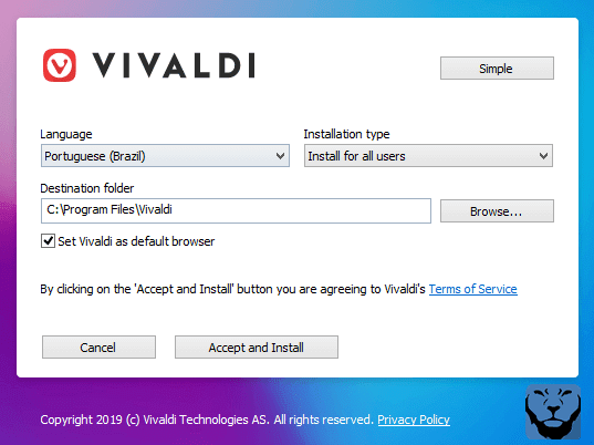 Processo de instalação do navegador Vivaldi
