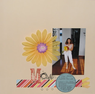 Scrapbook layout following candy shoppe challenge to use strips of paper and colors. The page has white space and flowers.