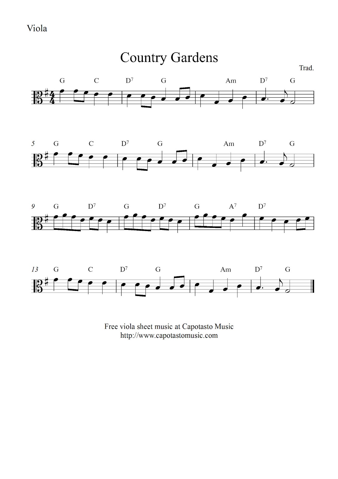 Free easy viola sheet music score, Country Gardens