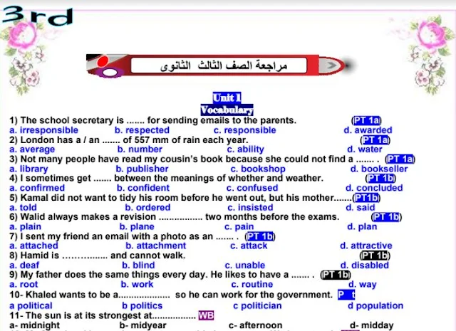 أقوى مراجعة نهائية  فى اللغة الانجليزية للصف الثالث الثانوى 2021