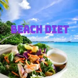 Beach Diet: Healthy salad with a beach background