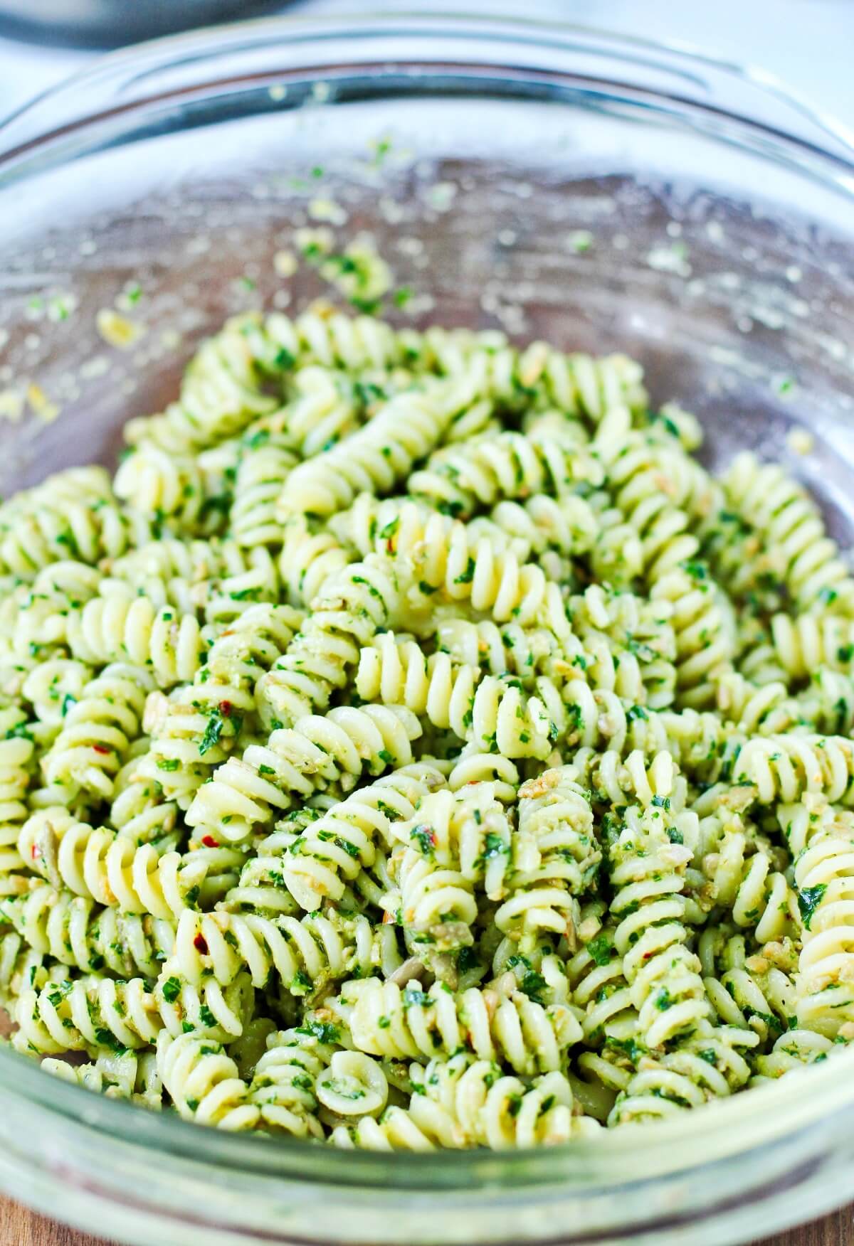 Pasta tossed in a sunflower seed dressing