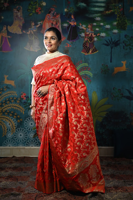 Red jangla jaal katan silk Banarasi saree