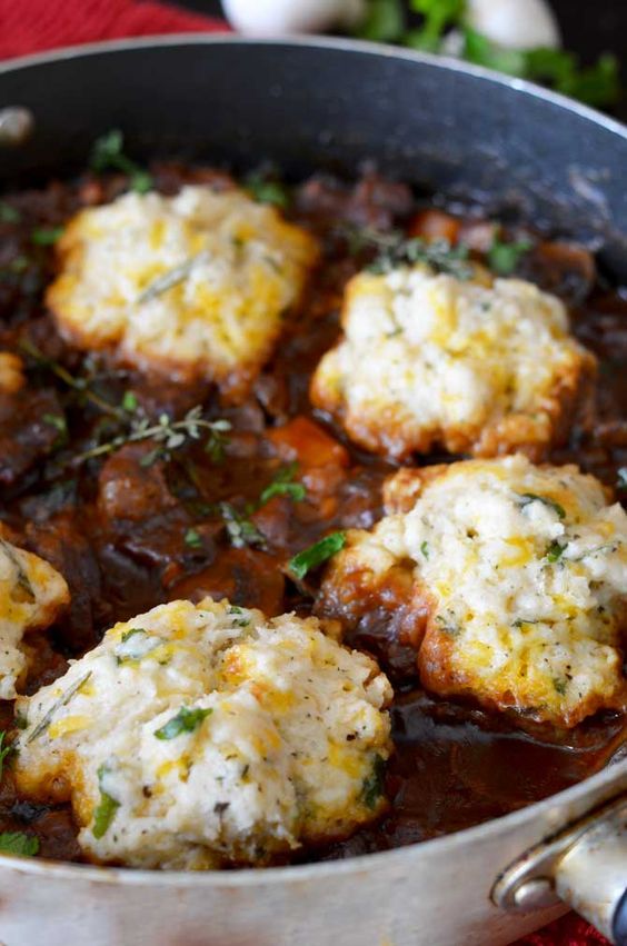 Guinness Beef Stew with Cheddar Herb Dumplings Author: Morgan Prep time: 25 mins Cook time: 2 hours 45 mins Total time: 3 hours 10 mins