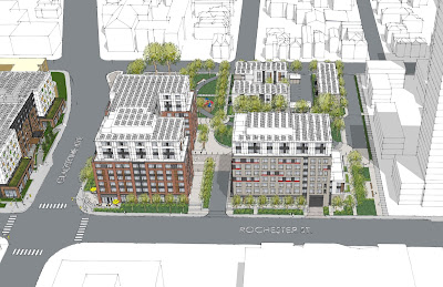 Aerial rendering of a building development occupying a full city block, with a winding road through the development that cuts through the sidewalk on either end. (Rochester, Gladstone, Booth Streets)