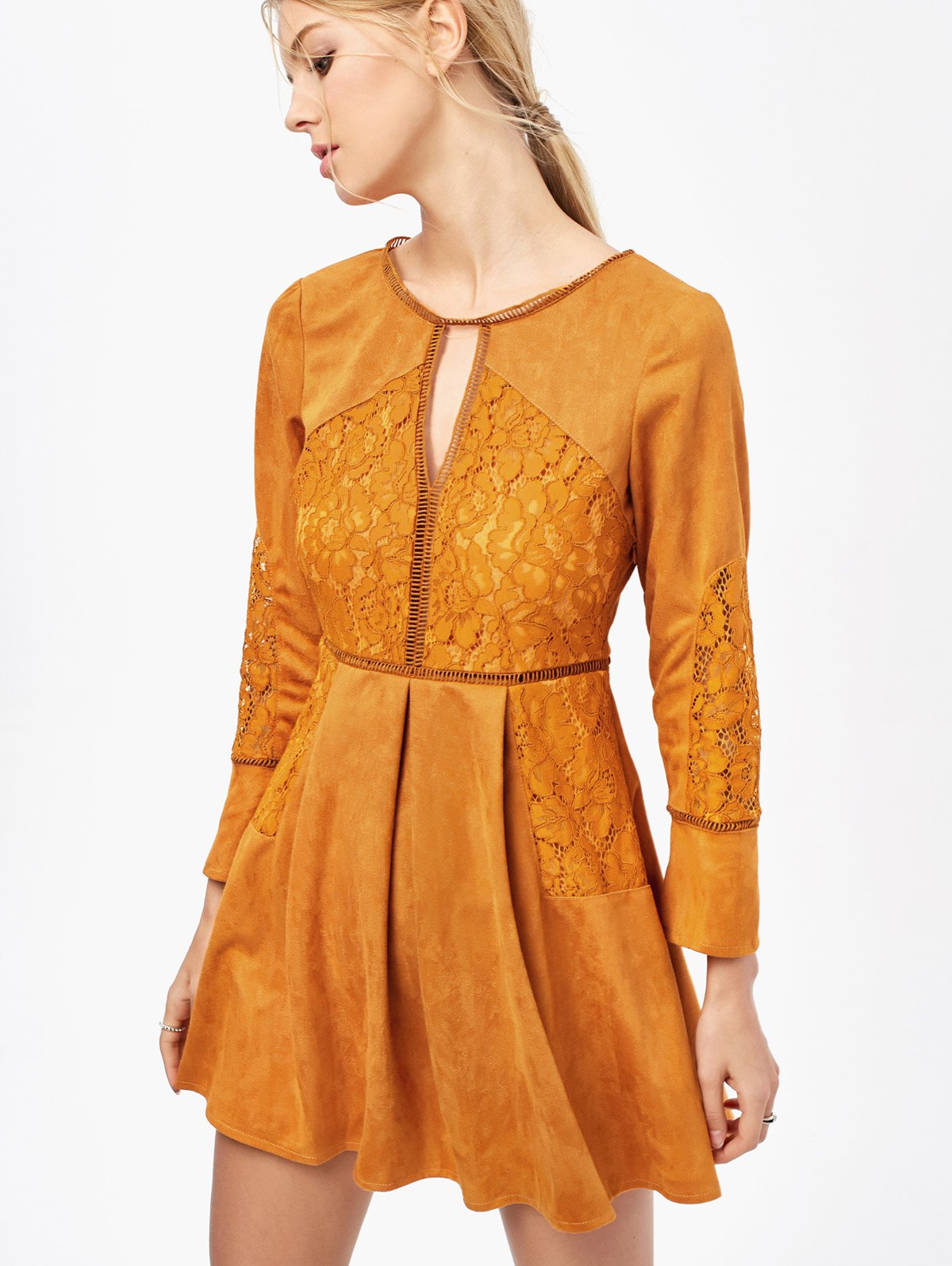  Lace Insert Cut Out Long Sleeve Dress - Ginger