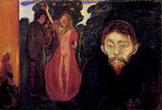 Jealousy (1895), one of the early paintings in the Frieze of Life, Jealousy combines the themes of passion and jealousy with the biblical allegory of temptation. The isolated foreground figure has the features of the artist's Polish friend Stanislaw Przybyszewski, while the seductress in the background is portrayed as Eve, the temptress, picking the fateful apple.