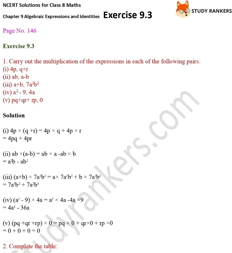 NCERT Solutions for Class 8 Maths Ch 9 Algebraic Expressions and Identities Exercise 9.3 1