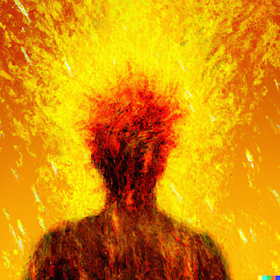 an impressionistic oil painting of a man with an explosive outburst of fire from his head