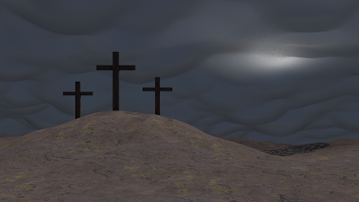 Three crosses with a more detailed landscape and more realistic clouds