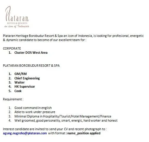 Plataran Borobudur Spa Need GM/RM Cook and more