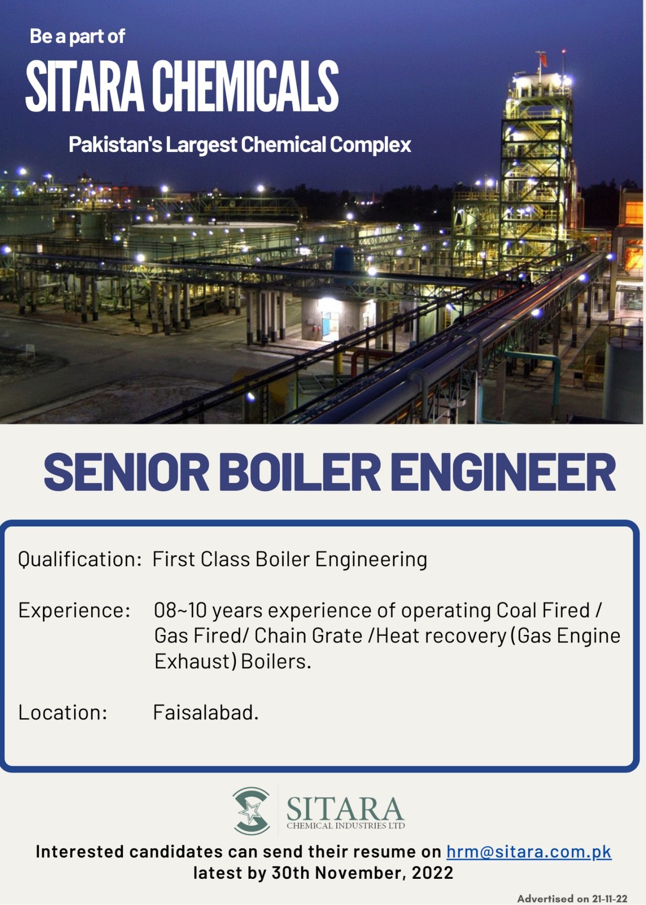Sitara Chemical Industries Limited Jobs for Senior Boiler Engineer