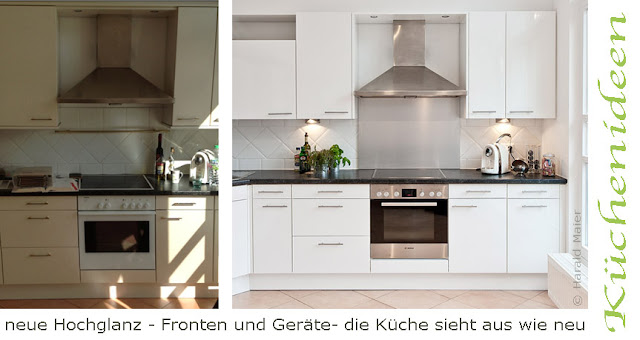 Küche renovieren, Fronten Hochglanz weiß, moderne Küchengeräte, Backofen, Ceranfeld, Spülmaschine und Kühlschrank