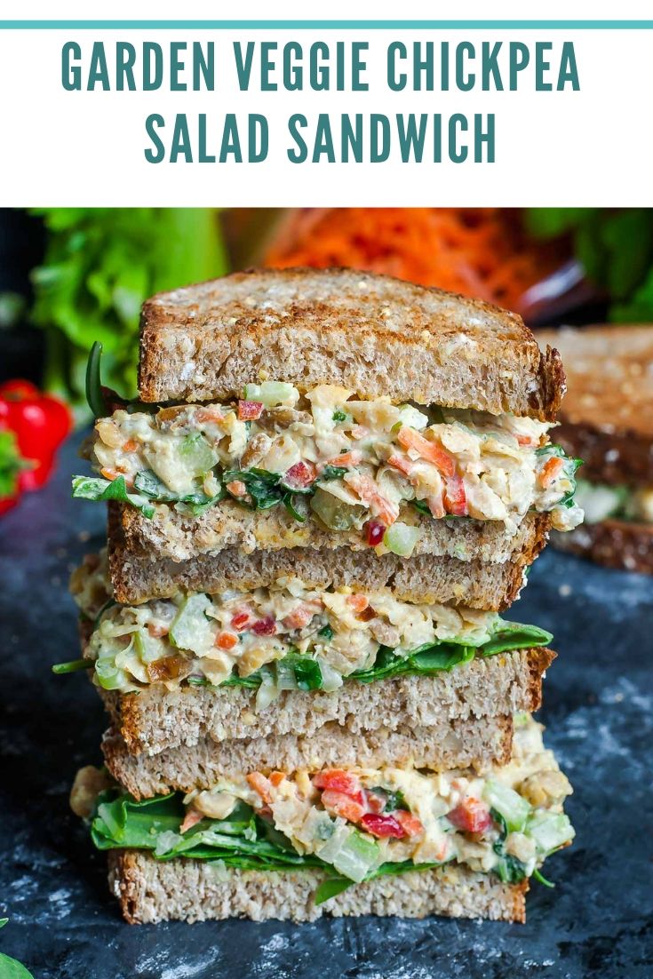 This tasty Garden Veggie Chickpea Salad Sandwich is a plant-based powerhouse of a lunch! Make it in advance for a party or picnic or to take along as an easy weekday lunch for work or school.