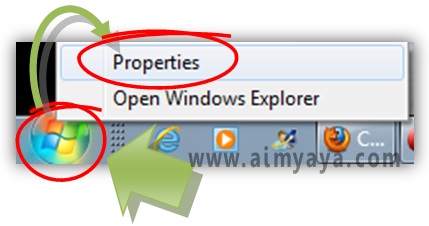  Gambar: Mengakses properties Start Menu Windows 7