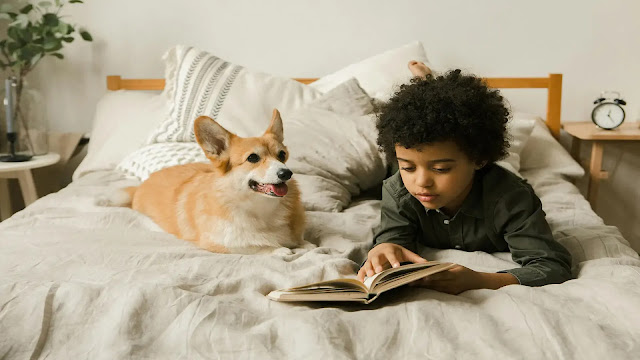 Dog on the bed with a kid