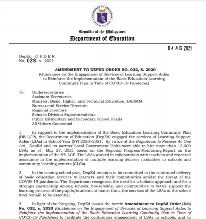 DepEd Order 028 S 2021 | AMENDMENT TO DEPED ORDER NO. 032, S. 2020 |  AUGUST 4, 2021