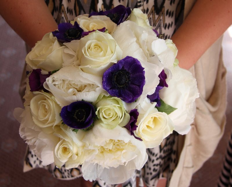  White Peones White Roses White Hydrangeas and deep purple Lissianthus