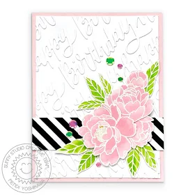 Sunny Studio Blog: Watercolor Peonies Black & White Striped Birthday Card (using Pink Peonies Stamps, Background Basics Stamps & Blooming Frame Die)