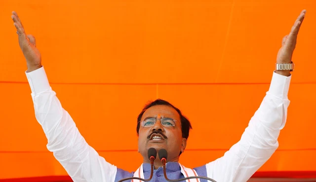 Image Attribute: Keshav Prasad Maurya, the Uttar Pradesh state's president for the ruling Bharatiya Janata Party (BJP), gestures as he addresses an election campaign rally in Bah, in the central state of Uttar Pradesh, India, February 2, 2017. REUTERS/Adnan Abidi