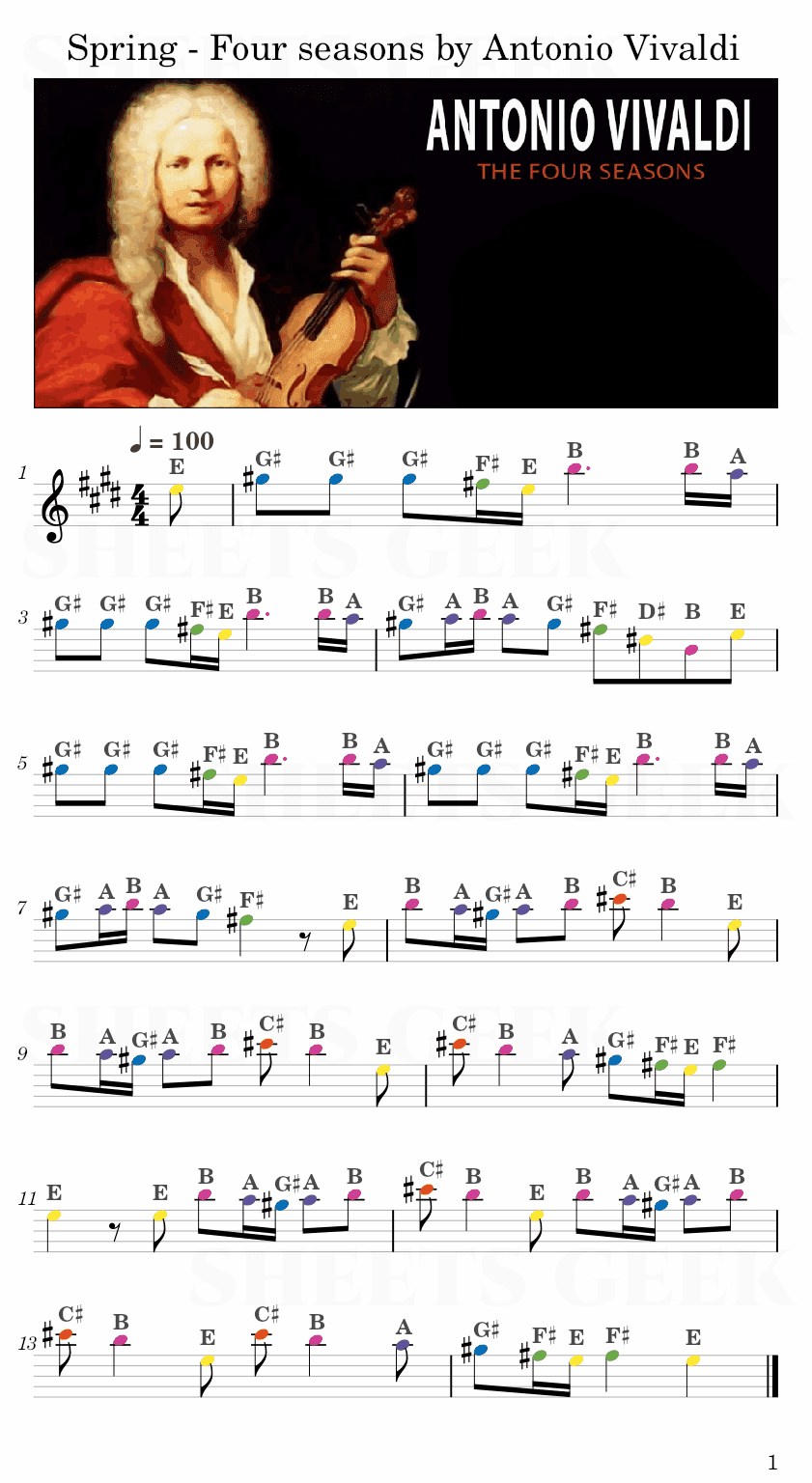 Spring - Four seasons by Antonio Vivaldi Easy Sheet Music Free for piano, keyboard, flute, violin, sax, cello page 1
