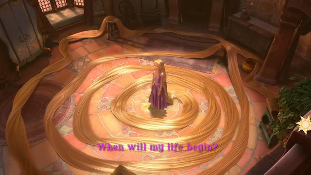 Rapunzel yang terkurung di menara kecilnya mengeluhkan, "Kapan hidupku akan dimulai?"