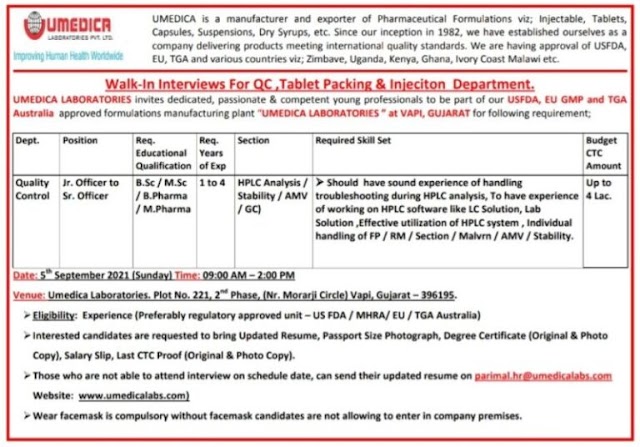 Umedica Labs | Walk-in interview at Vapi on 5th Sept 2021