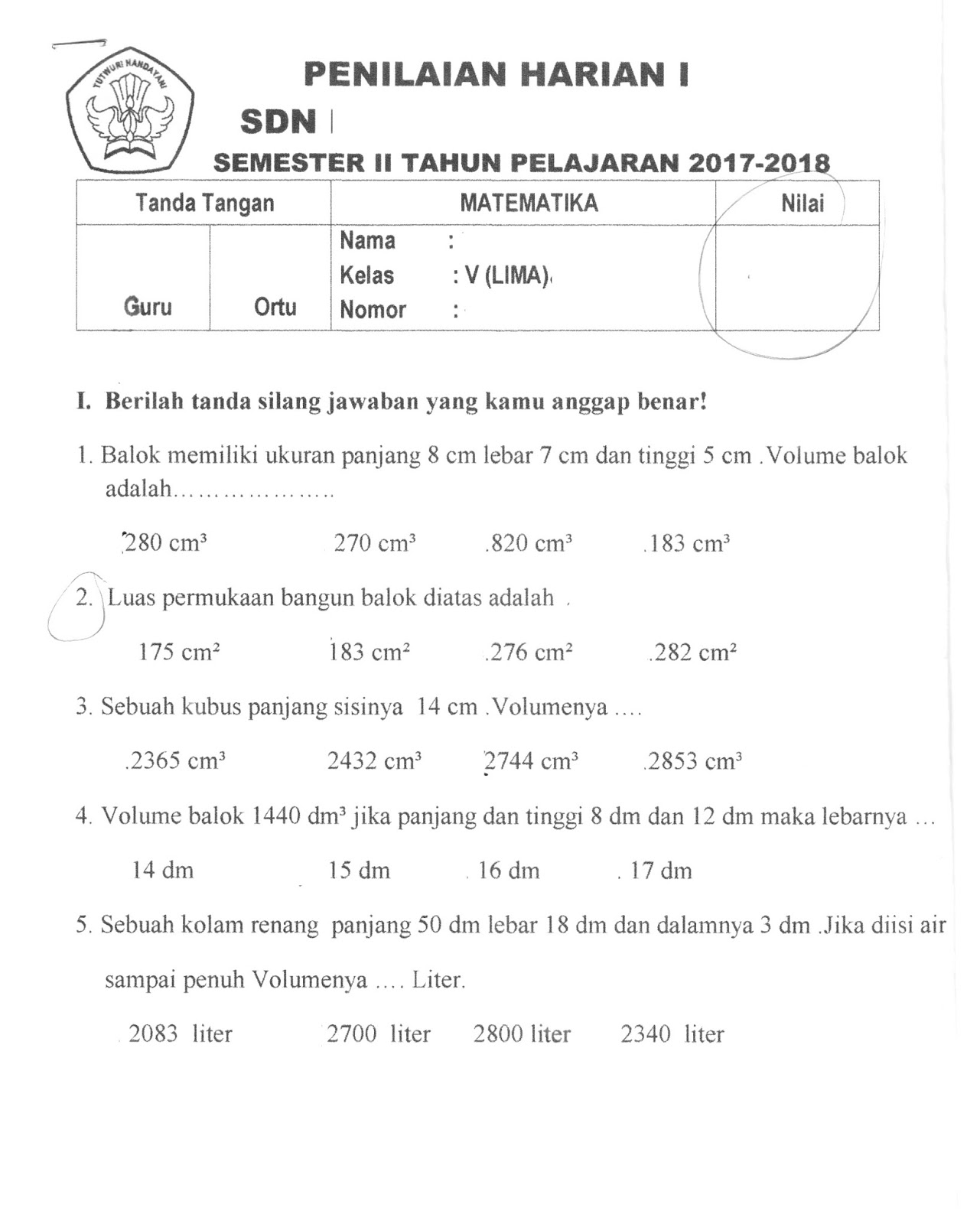 MATEMATIKA SD Kelas 5 TA 2017 2018 Semester Genap Kurikulum 2013 Halaman 1