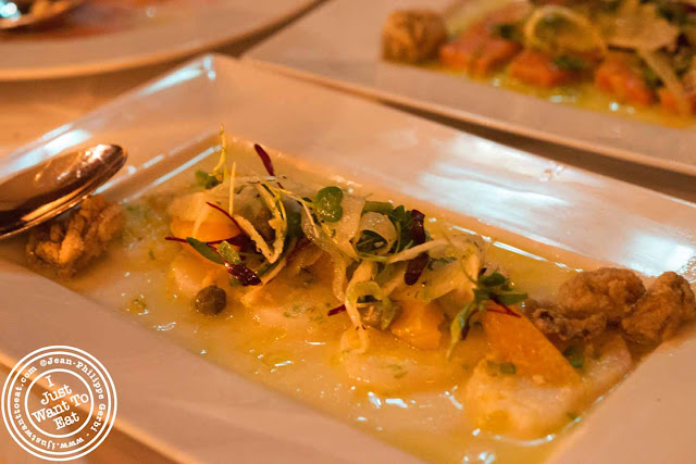 Image of Fluke ceviche at Thalassa Greek restaurant in Tribeca NYC, New York