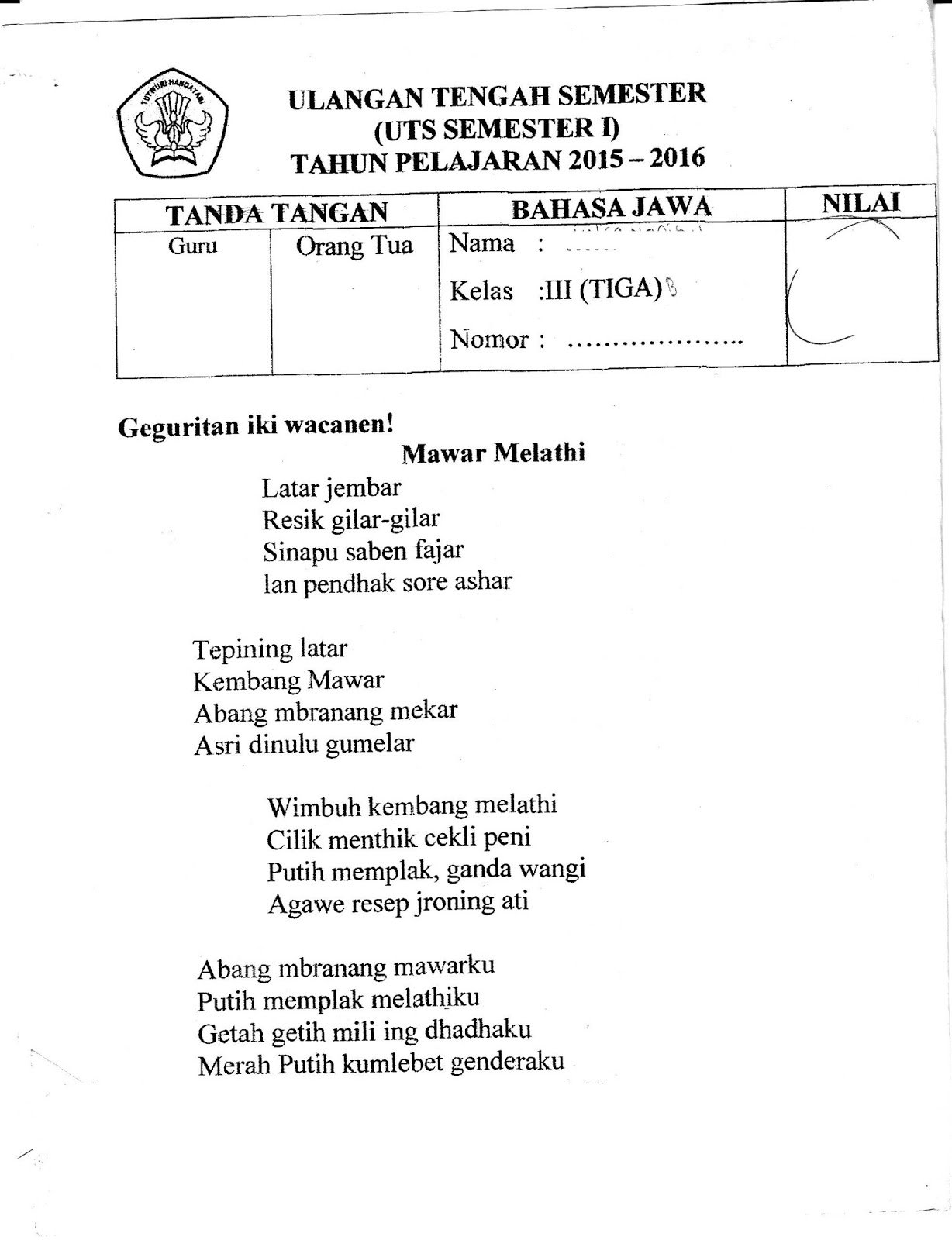 UTS Bahasa Jawa Kelas 3 Tiga Semester Gasal TA 2015 2016