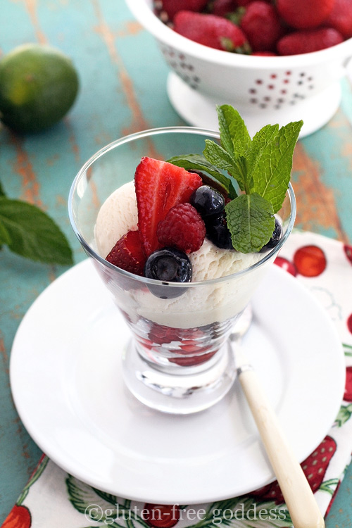 Creamy coconut ice cream and fresh summer berries with lime make a lucsious gluten-free dairy-free parfait.
