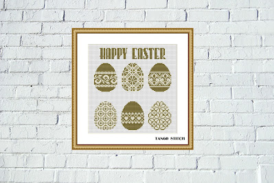 Gold Happy Easter eggs ornament cross stitch pattern