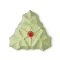 A triangular green white and red shower bomb with a red holily in the middle on a bright background