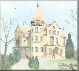a watercolour painting by John W. Johnston from jwjonline.net; Holway House, La Crosse - a fine castle-style residence in La Crosse, Wisconsin