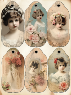 free printable gift tag collage sheet Victorian girls roses