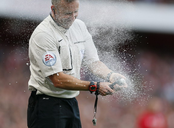 Referee Jon Moss attacked by vanishing spray