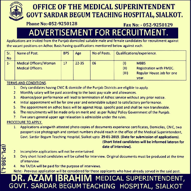 Govt Sardar Begum Teaching Hospital Sialkot Jobs 2019 for Medical Officers