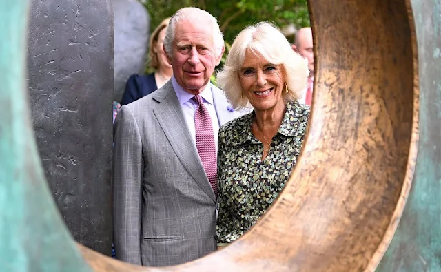 Queen Camilla wore a green floral print midi shirt dress by Samantha Cameron. Barbara Hepworth Museum and Sculpture Garden