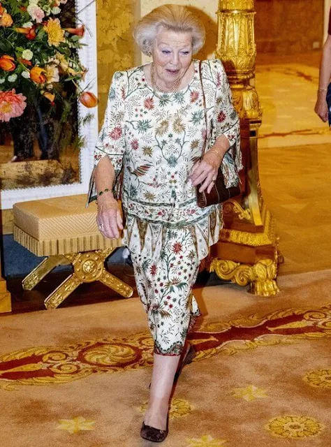 Queen Maxima wore a new Josie piqué cotton and stencil pattern sleeveless dress by Natan. King Willem-Alexander and Princess Beatrix