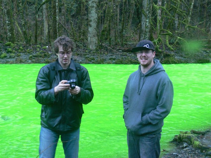 2010 waters of this river in Goldstream Park Canada turned neon green